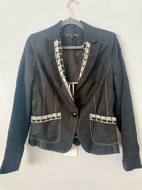 EUC Dark Academia Ness Embroidered Blazer | Black Linen Contrast Stitch Jacket